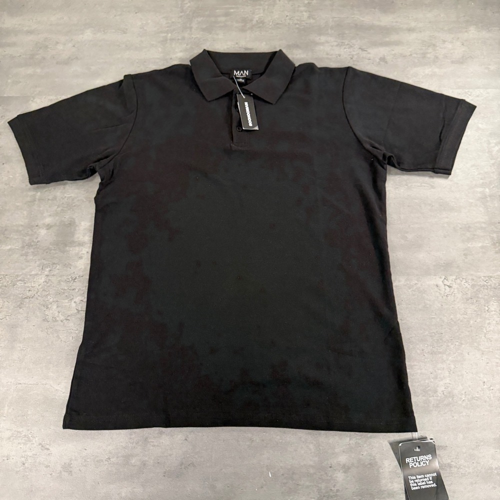 boohooMAN Polo Shirt Mens XL Black Cotton Pique Short Sleeve Casual Top NWT